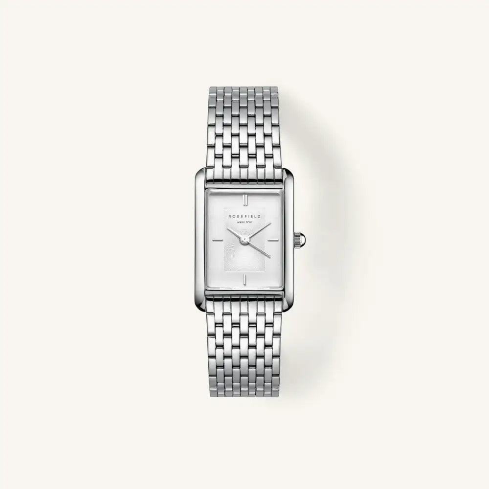 Silver rechthoekige polshorloge van Rosefield Heirloom met witte wijzerplaat en stalen band