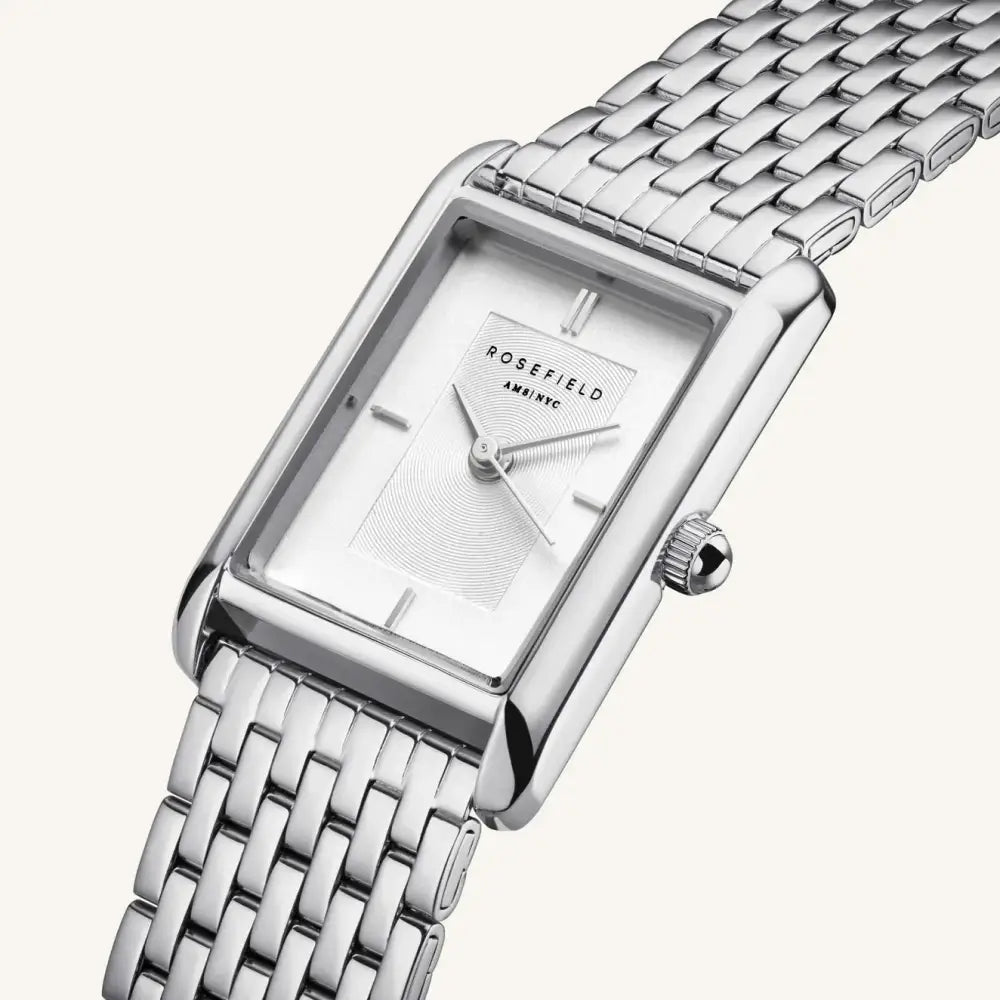 Silver rechthoekig horloge van Rosefield Heirloom met witte wijzerplaat en stalen band