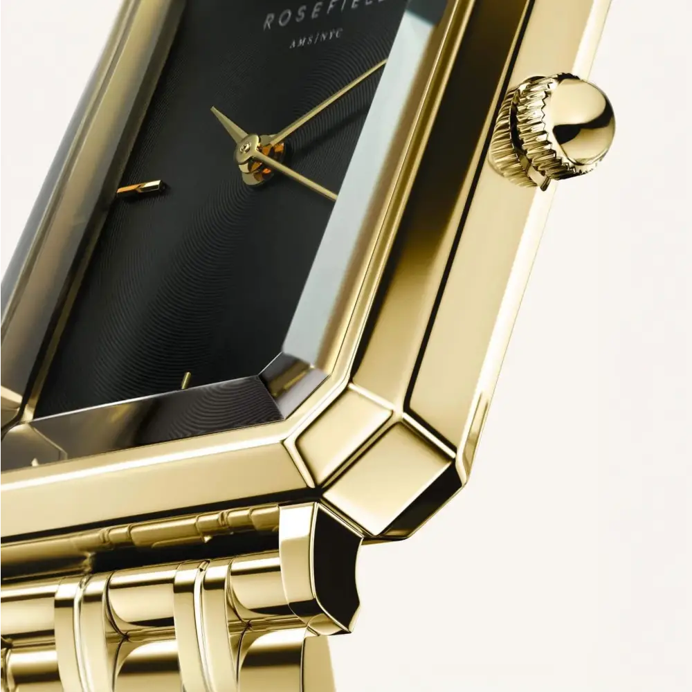 Gold-toned rechthoekige horloge van Rosefield Octagon Black Sunray Steel शैली