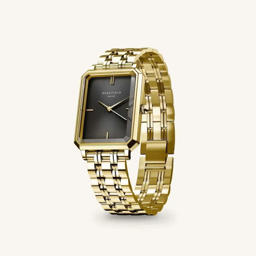 Rozefield Octagon Black horloge met goudkleurige vierkante behuizing en zwart zonray gezicht