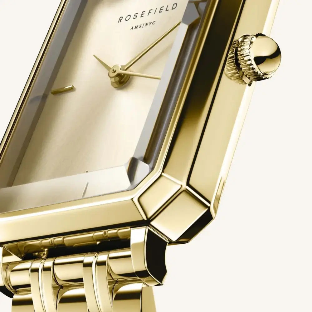 Goldkleurige rechthoekige polshorloge van Rosefield Octagon Champagne Steel Gold