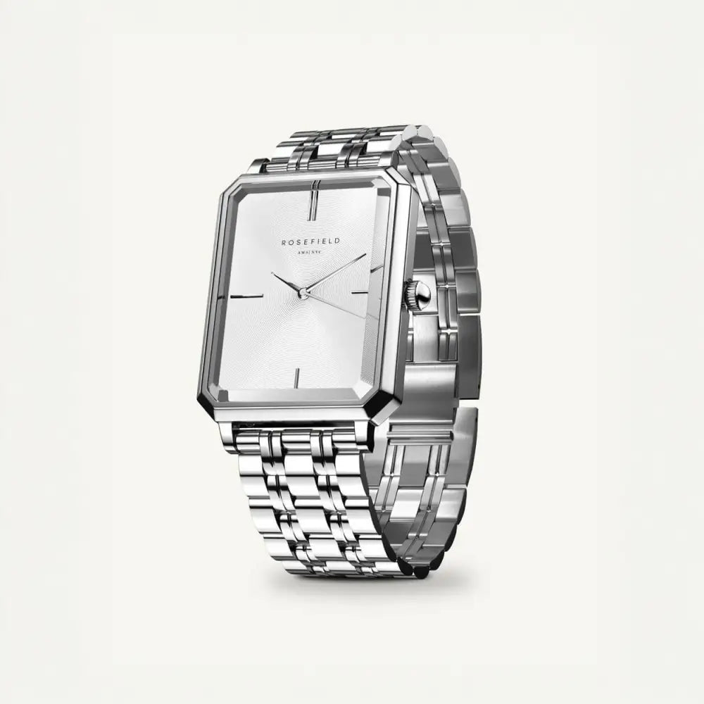 Zilveren rechthoekige horloge Rosefield Octagon White Sunray Steel voor dames