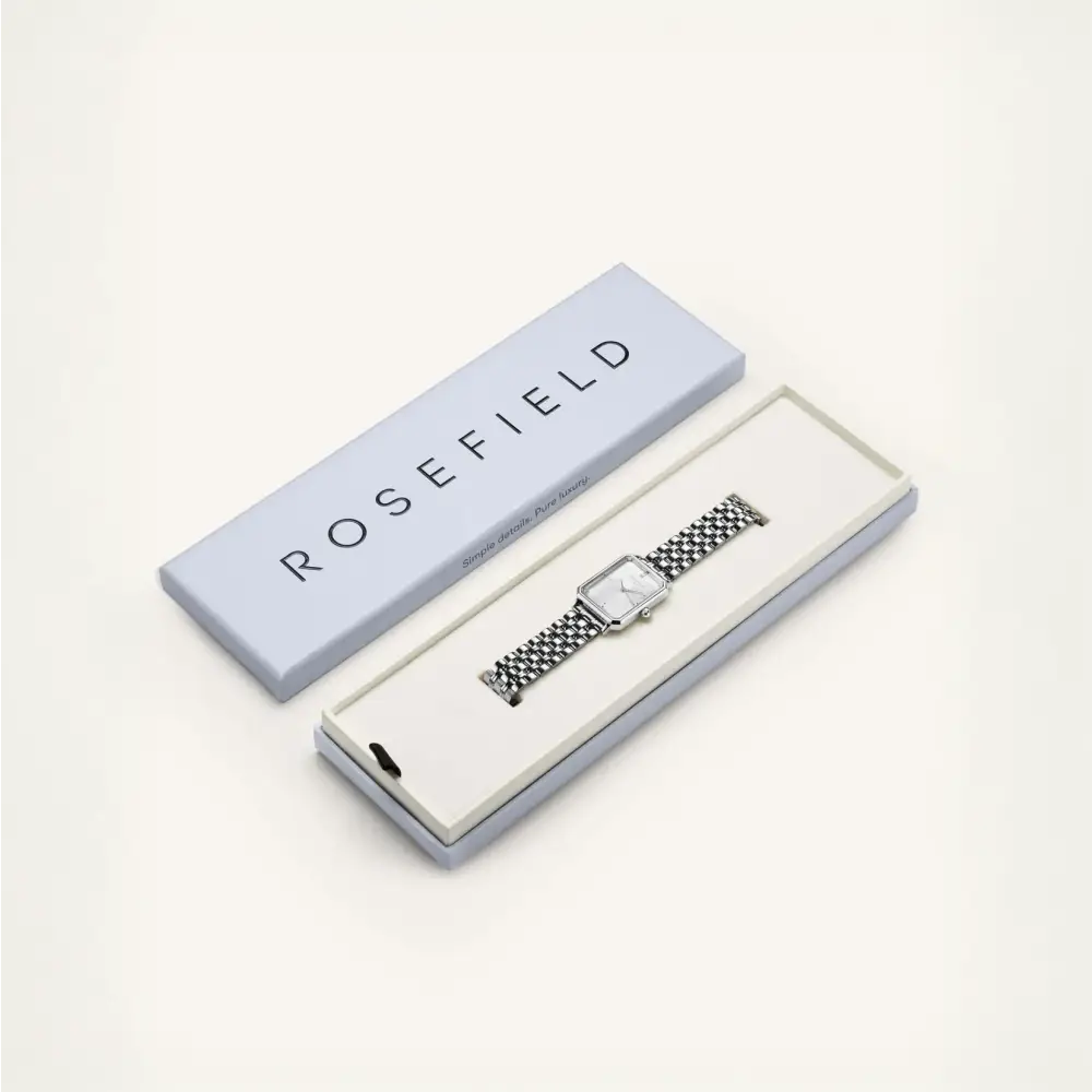 Zilveren Rosefield Octagon White Sunray Steel horloge in een merkdoos