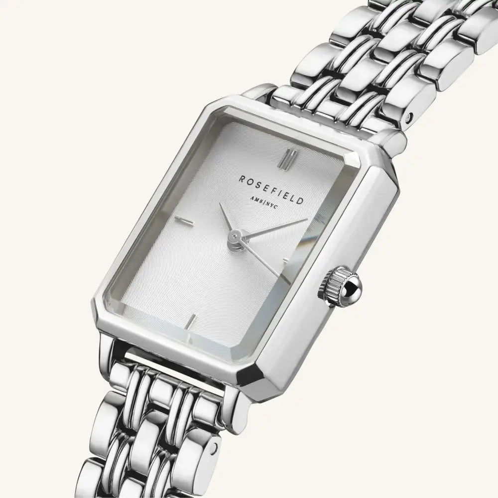 Zilveren rechthoekige horloge Rosefield Octagon White Sunray Steel voor dames