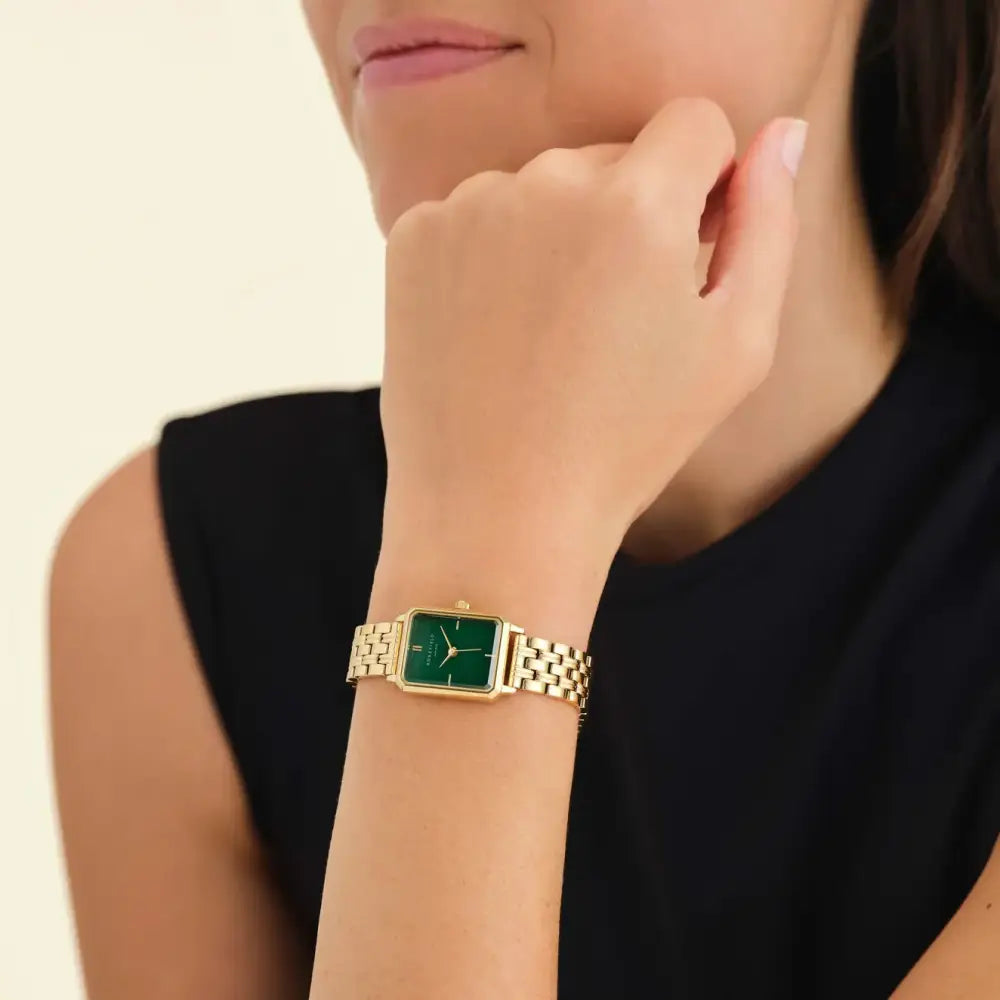 Gold polshorloge met groene wijzerplaat in Rosefield Octagon XS Emerald Steel Gold