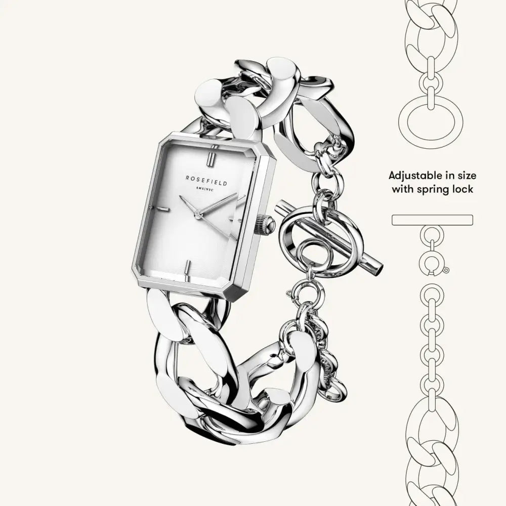 Zilveren schakelhorloge Rosefield The Octagon XS Studio Edition stijlvol design