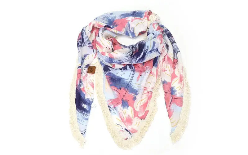 Floral patroon met franjes op Royale Triangel Sjaal Ancona in Dutch Blue