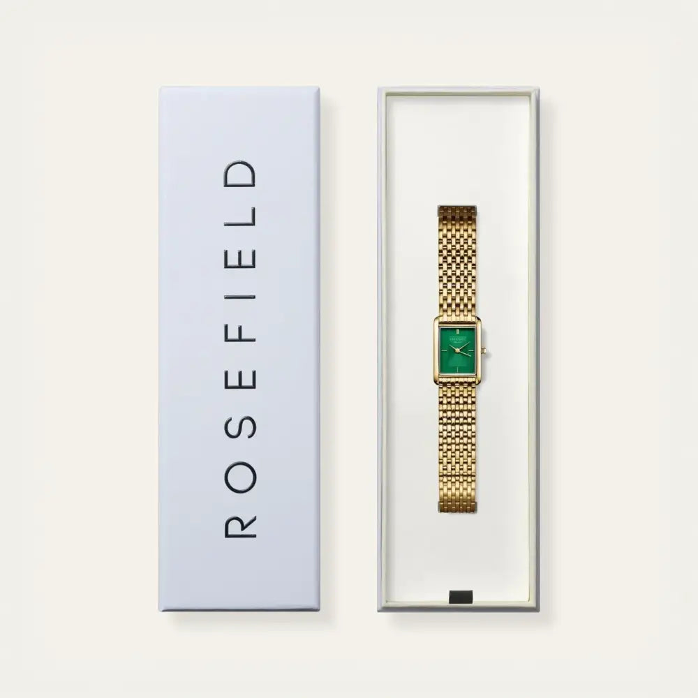 Gouden watch met groene wijzerplaat in doos van Rosefield Heirloom Dial Steel Gold