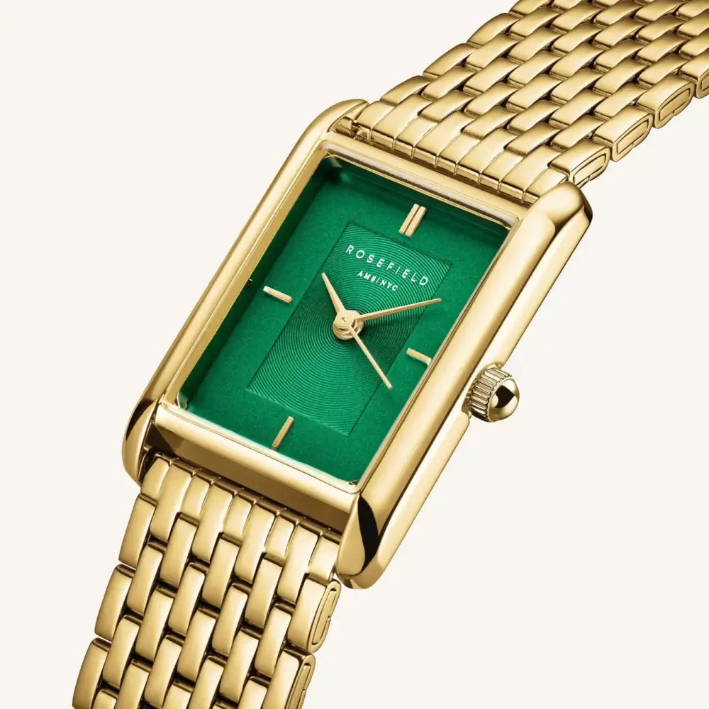 Gold-tone rechthoekige horloge met groene wijzerplaat van Rosefield Heirloom Dial Steel