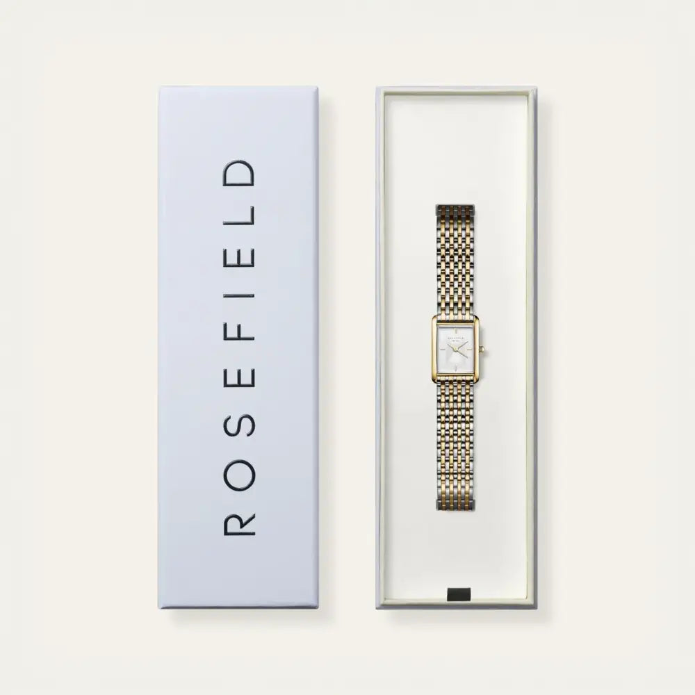 Goud en zilveren horloge in doos met Rosefield Heirloom White Dial Duotone