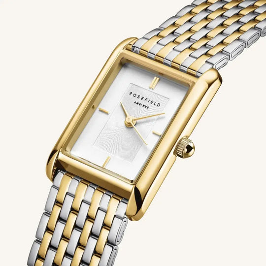 Gold en zilveren rechthoekige horloge met wit dial in Rosefield Heirloom White Duotone stijl