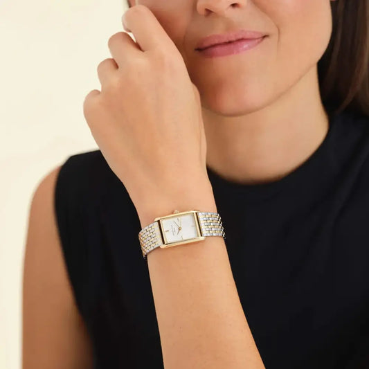 Rectangulaire goud- en zilveren horloge met witte dial van Rosefield Heirloom White Dial Duotone