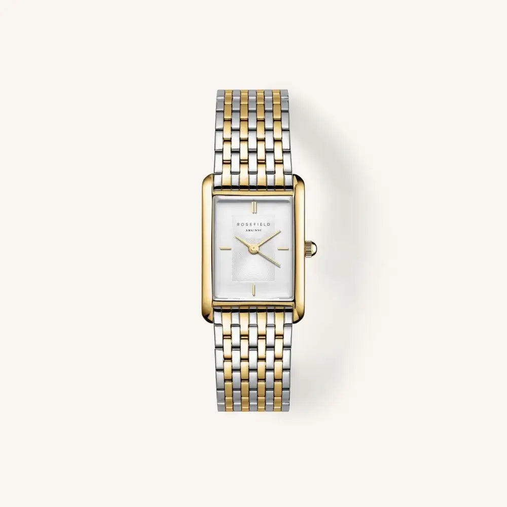 Twee-tonen rechthoekige horloge met Rosefield Heirloom White Dial Duotone en wit wijzerwerk