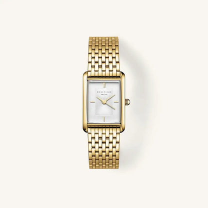 Gold rechthoekige polshorloge van Rosefield Heirloom met witte wijzerplaat en stalen gold band