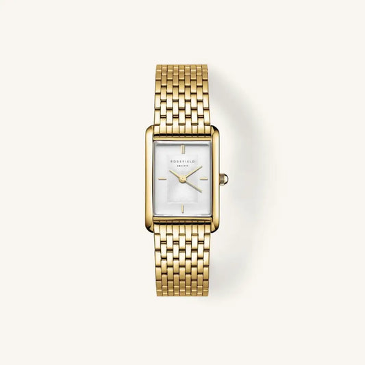 Gold rechthoekige polshorloge van Rosefield Heirloom met witte wijzerplaat en stalen gold band