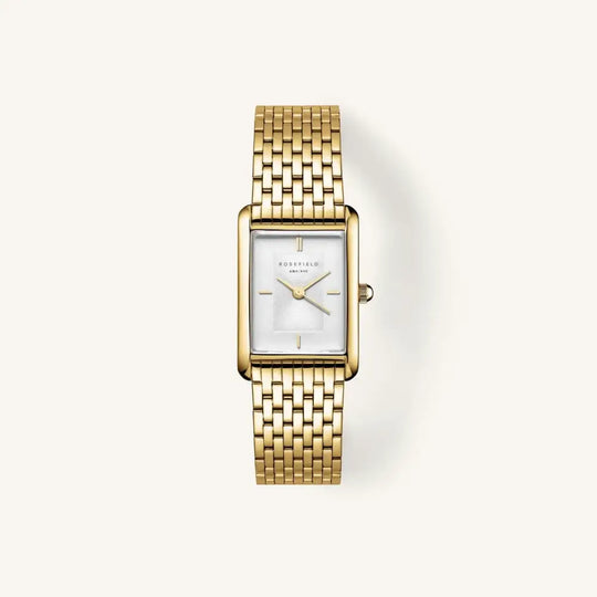 Gold rechthoekige polshorloge van Rosefield Heirloom met witte wijzerplaat en stalen gold band