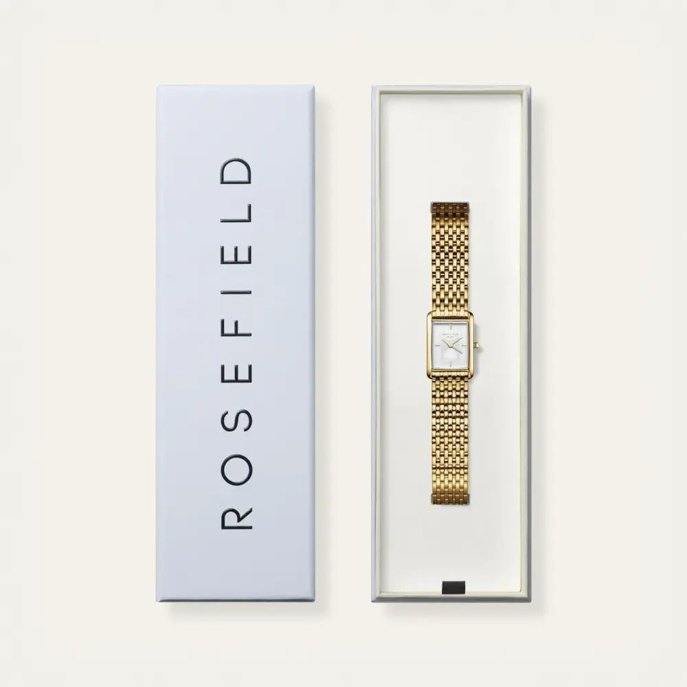 Gold horloge in doos van Rosefield Heirloom sieraden merk met witte wijzerplaat