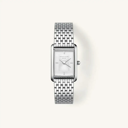 Silver rechthoekige polshorloge van Rosefield Heirloom met witte wijzerplaat en stalen band