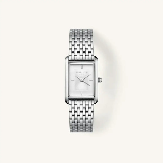 Silver rechthoekige polshorloge van Rosefield Heirloom met witte wijzerplaat en stalen band