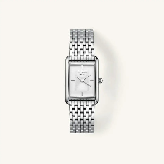 Silver rechthoekige polshorloge van Rosefield Heirloom met witte wijzerplaat en stalen band