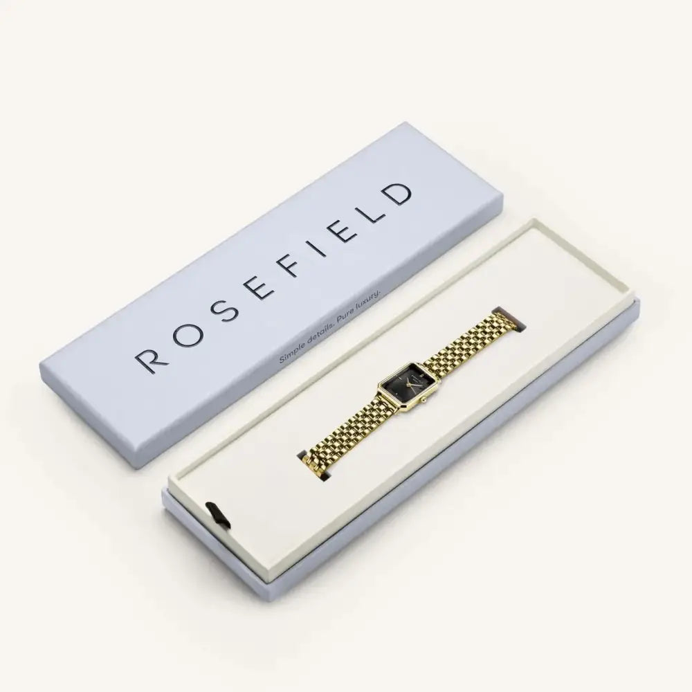 Gouden horloge in een doos van Rosefield Octagon Black Sunray Steel Gold