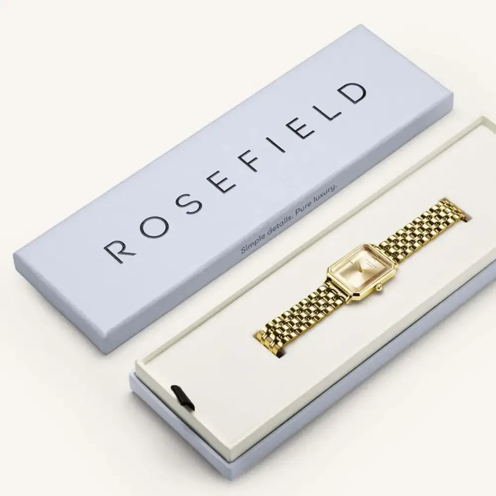 Gold rechthoekige Horloge in doos van Rosefield Octagon Champagne Steel Gold