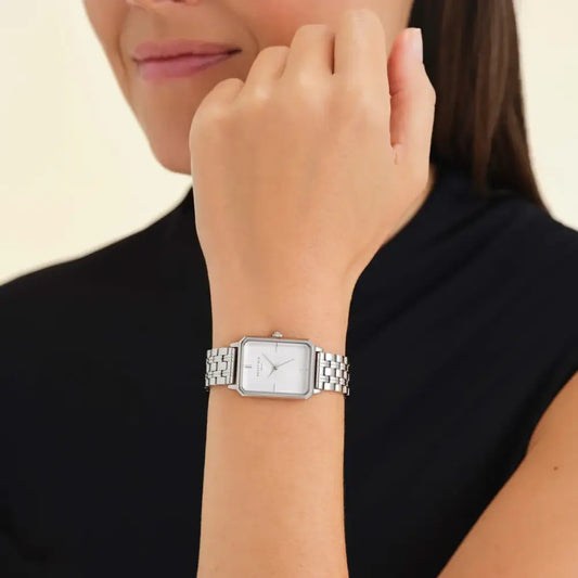 Zilveren rechthoekige Rosefield Octagon White Sunray stalen polswatch
