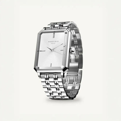 Zilveren rechthoekige horloge Rosefield Octagon White Sunray Steel voor dames