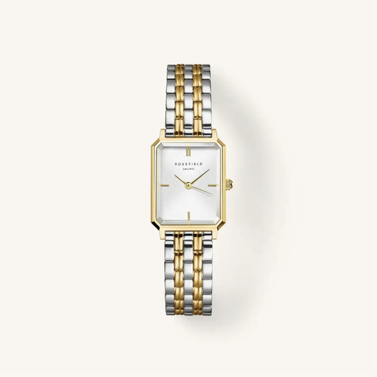 Tweedelige rechthoekige Rosefield Octagon White Sunray horloge in staal en goud