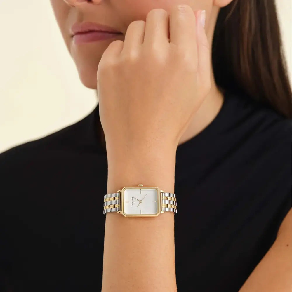 Twee-tonen rechthoekig horloge Rosefield Octagon White Sunray Steel Silver Gold Duotone