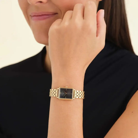 Gold rechthoekige polshorloge Rosefield Octagon XS Black Sunray Steel voor dames