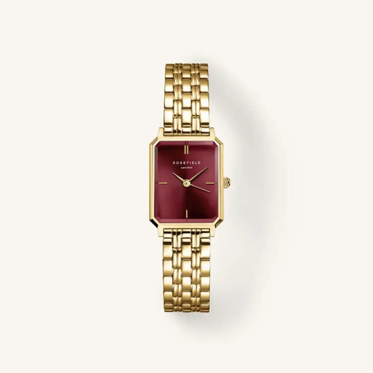 Gold-tint horloge met burgundy zonnestraal staal uit de Rosefield Octagon XS Burgundy Sunray Steel Gold collectie