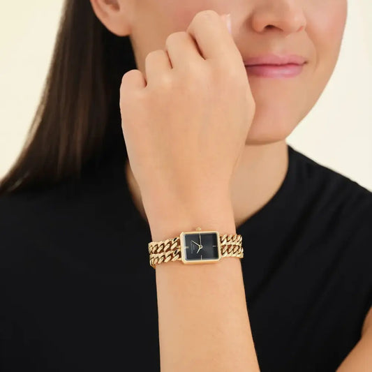 Rosefield Octagon XS Double Chain Studio Edition zwarte gouden horloge