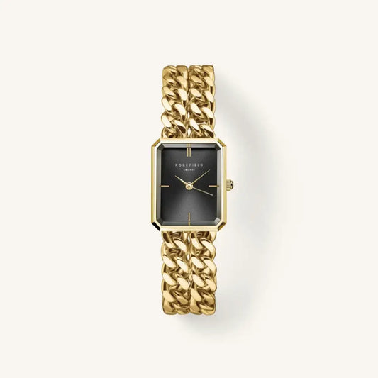 Rozefield Octagon XS Double Chain Studio Edition zwarte gouden horloge met goud ketting