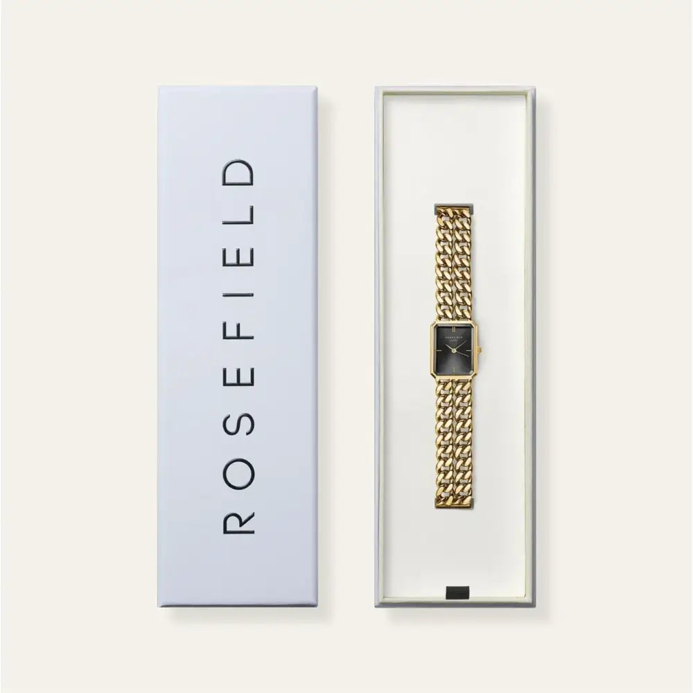 Gold horloge met vierkante zwarte wijzerplaat van de Rosefield Octagon XS Double Chain Studio Edition