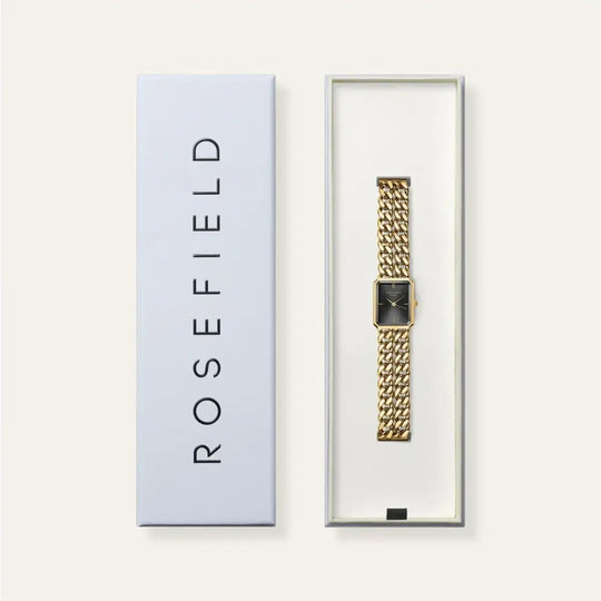Gold horloge met vierkante zwarte wijzerplaat van de Rosefield Octagon XS Double Chain Studio Edition