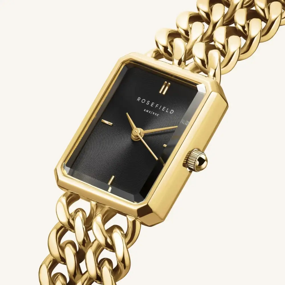 Gold-toned Rosefield Octagon XS Double Chain Studio Edition horloge met zwarte wijzerplaat