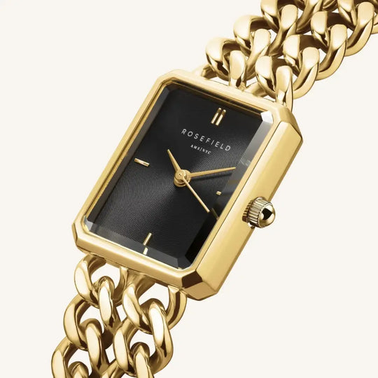 Gold-toned Rosefield Octagon XS Double Chain Studio Edition horloge met zwarte wijzerplaat