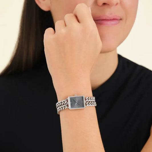 Zilveren vierkante kettingwatch Rosefield Octagon XS Double Chain Studio Edition