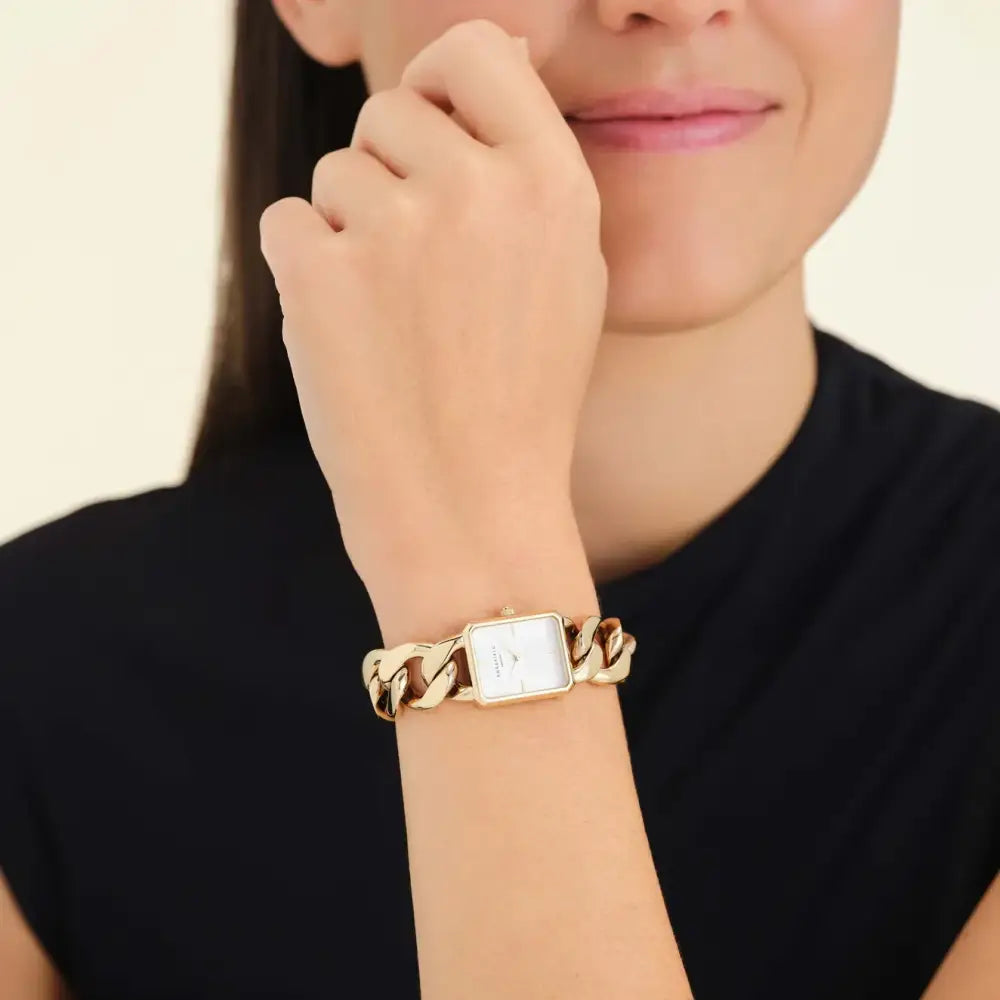 Rosefield Studio Octagon dameshorloge met platte kinketting en goudkleurige ketting