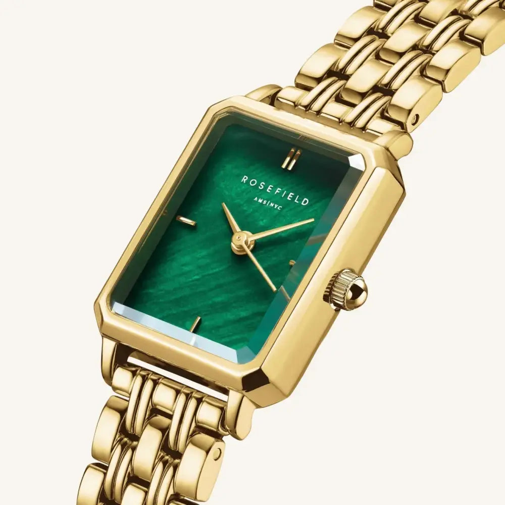Gold horloge met groene wijzerplaat uit Rosefield Octagon XS Emerald Steel Gold