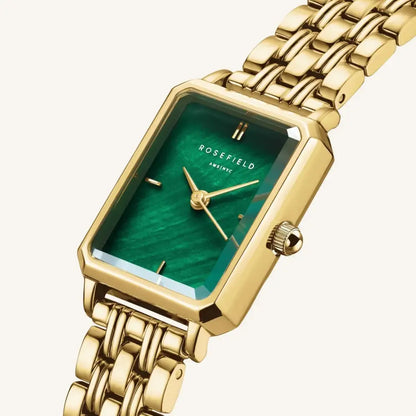 Gold horloge met groene wijzerplaat uit Rosefield Octagon XS Emerald Steel Gold