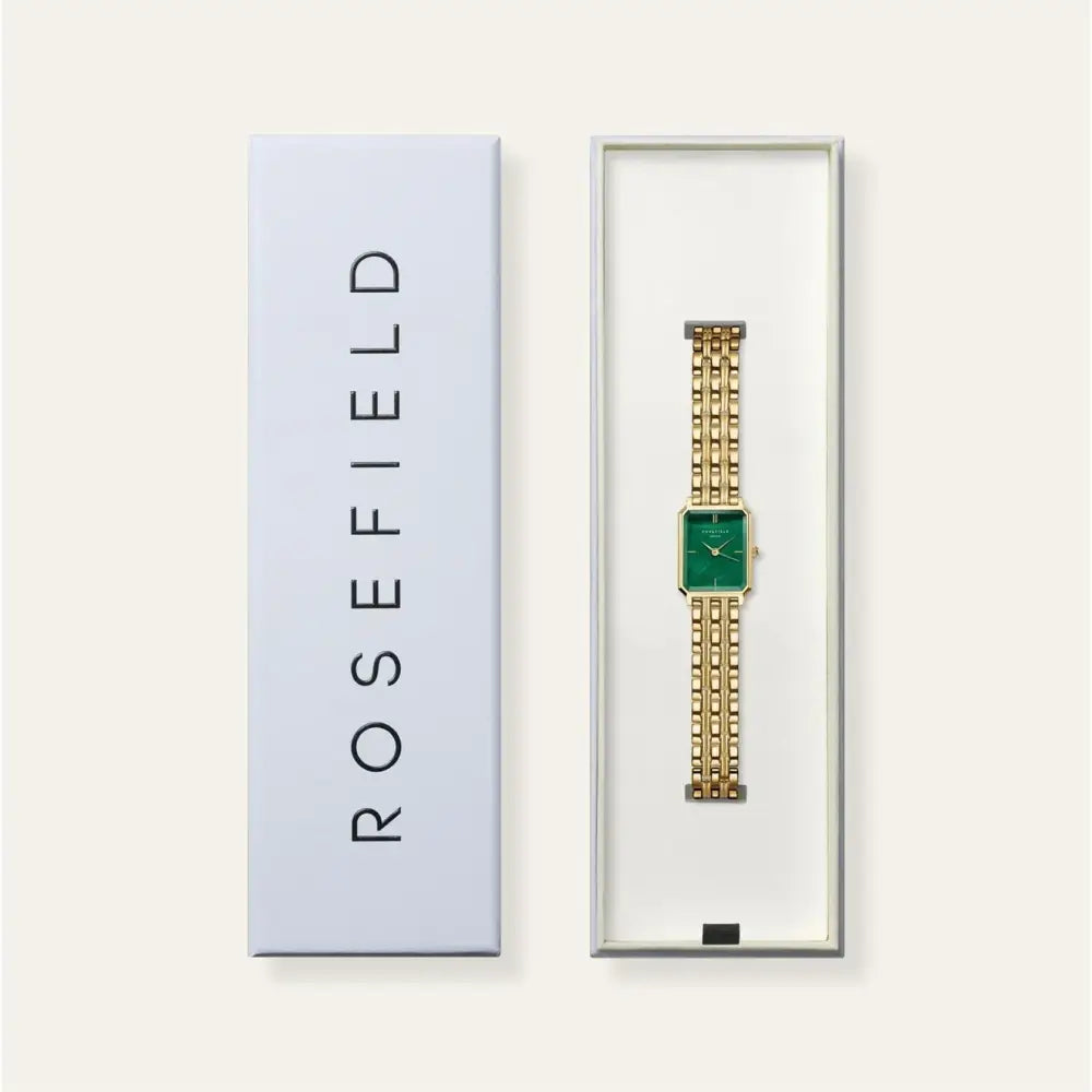 Gold watch met groene wijzerplaat in doos, Rosefield Octagon XS Emerald Steel Gold