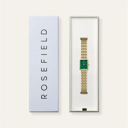 Gold watch met groene wijzerplaat in doos, Rosefield Octagon XS Emerald Steel Gold