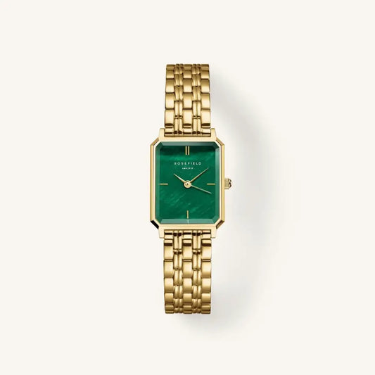 Gold polshorloge met groene wijzerplaat uit Rosefield Octagon XS Emerald Steel Gold
