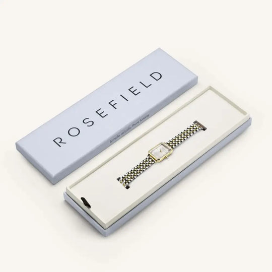 Gouden en zilveren horloge in doos, Rosefield Octagon XS White Sunray Steel Duotone