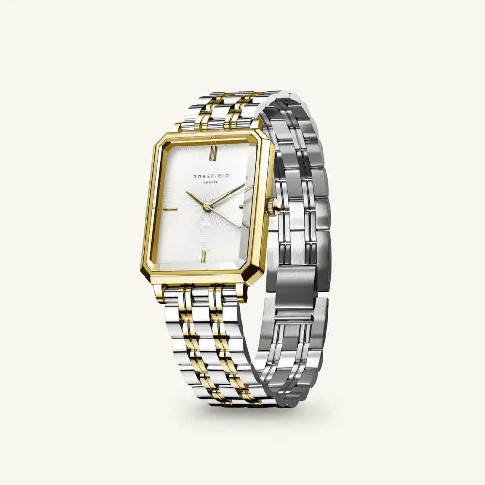Twee tinten rechthoekig horloge met witte zonnestraal staal en duotone zilver goud