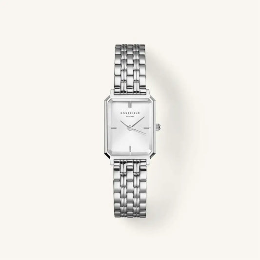 Zilveren rechthoekige horloge met wit zonnestraal patroon en staal afwerking