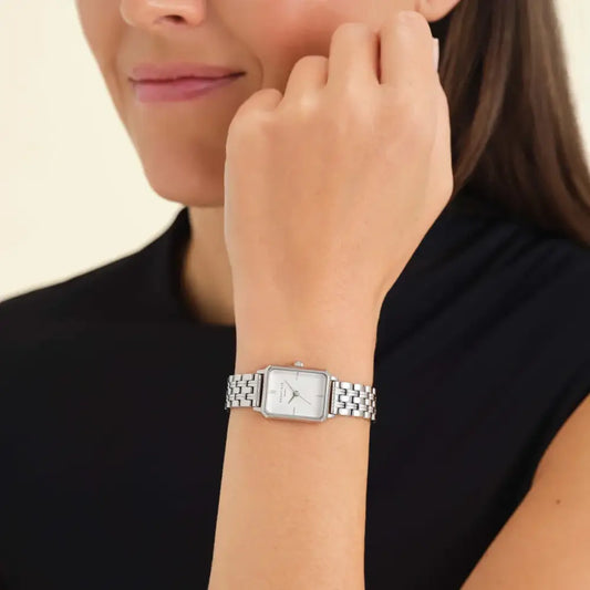 Zilveren rechthoekige polshorloge Rosefield Octagon XS White Sunray Steel Silver