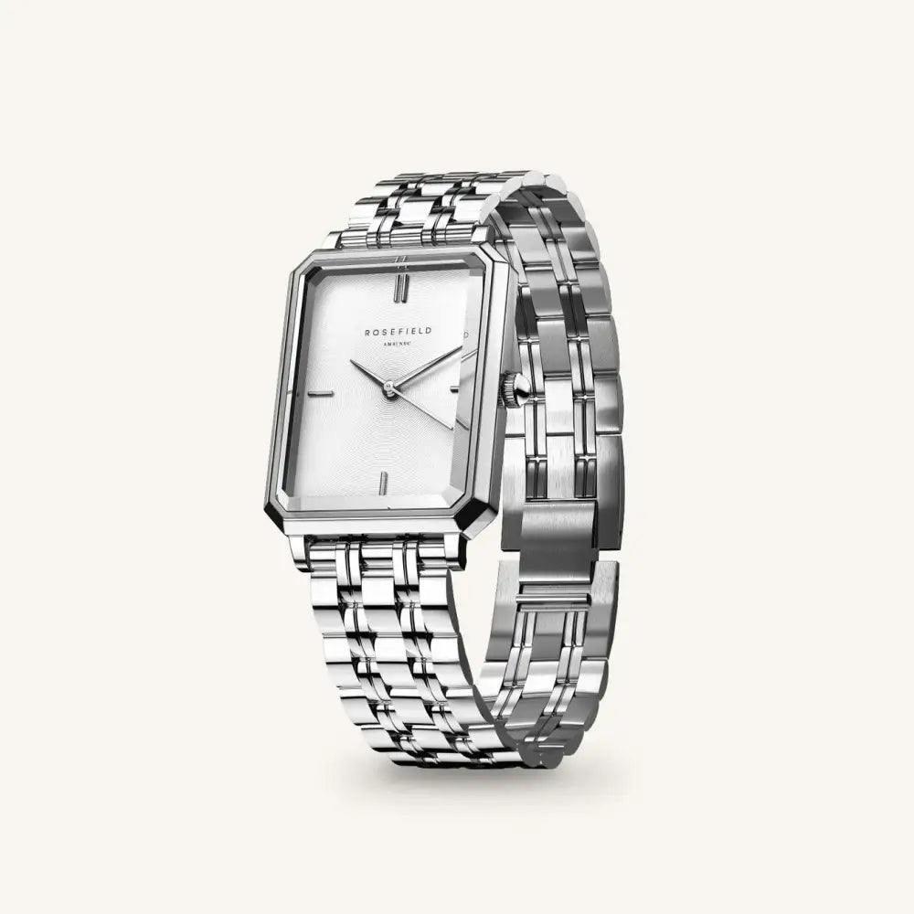 Zilveren rechthoekige Roségold Octagon XS White Sunray Steel horloge